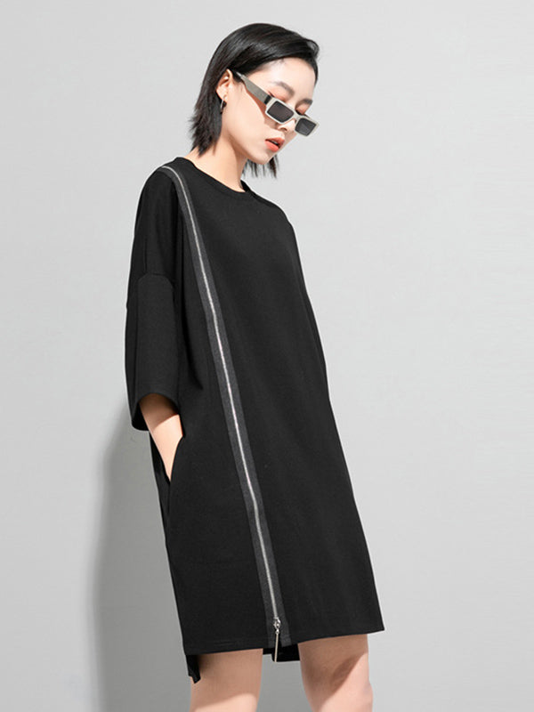 Original Black Zipper Batwing Sleeve Round-neck Mini Dress