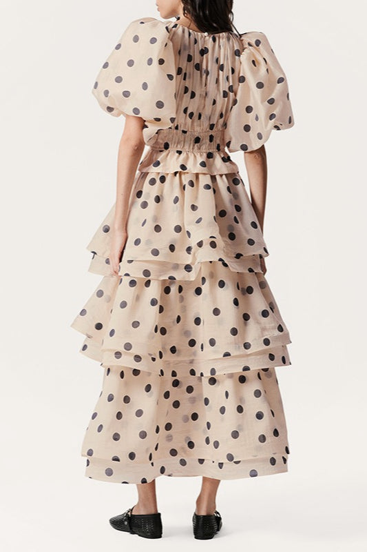 Polka Dot Puff Sleeve Ruffle Blouse a Line Tiered Skirt Set