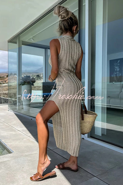 Malibu Scrunch Knit Cross Neckline Slit Midi Dress