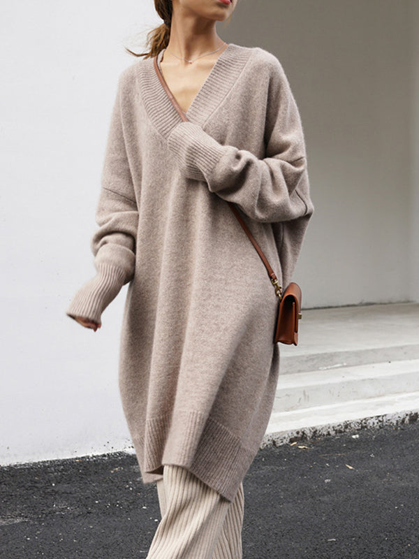 Stylish Long Sleeves Loose Color V-neck Sweater Dresses