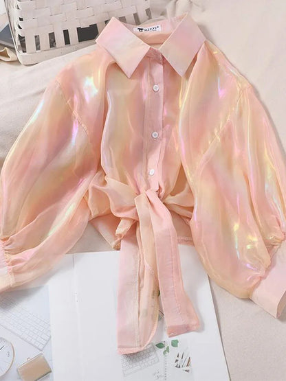 Buttoned Up Shirt Shirts Half Sleeve Shinning Sparkles Tied Waist Blouses for Autumn