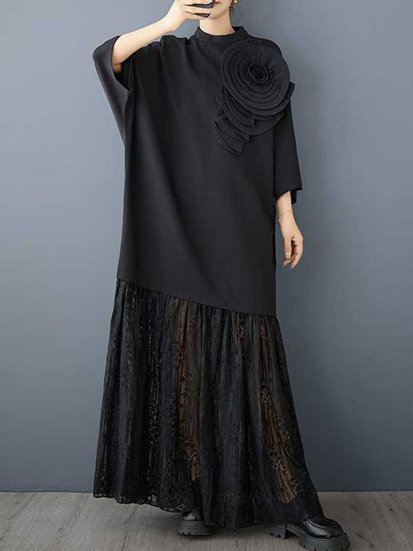 Long Sleeves Loose Color Split-joint Three-dimensional Flower Mock Neck Maxi Dresses