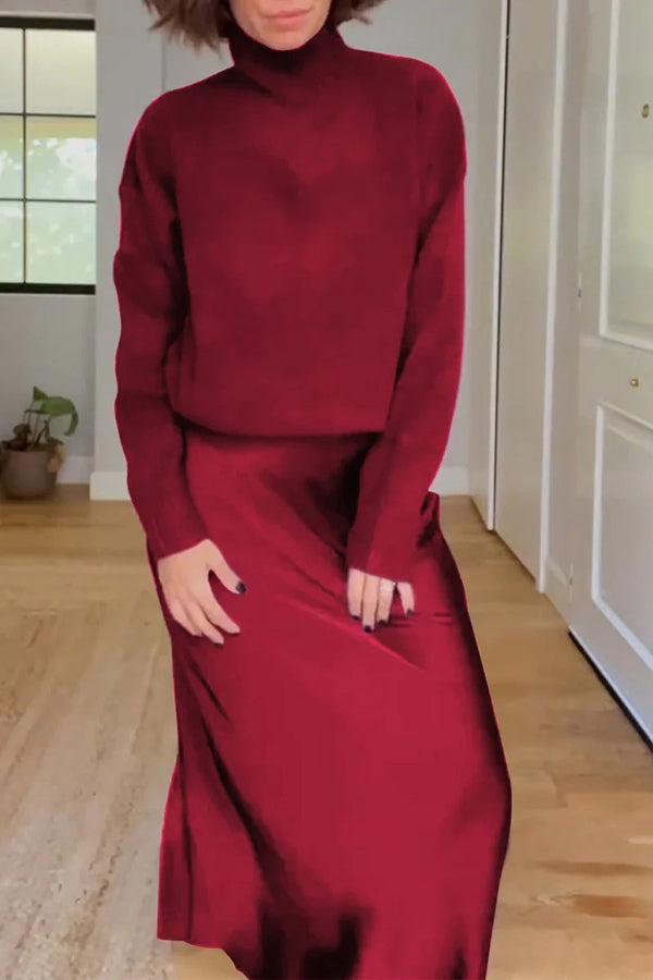 Jaelyn Color Turtleneck Long Sleeve Sweater and Satin Elastic Waist Maxi Skirt Set