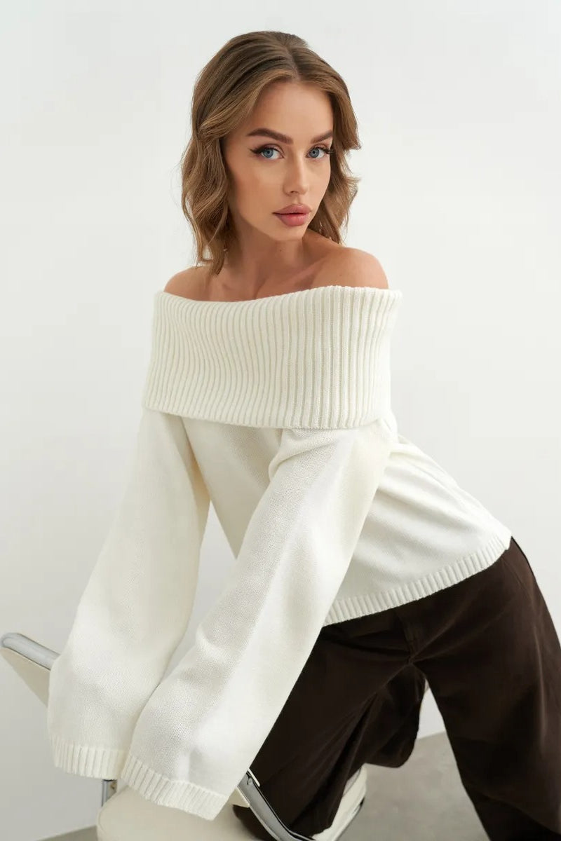 Color Off Shoulder Knitted Sweater