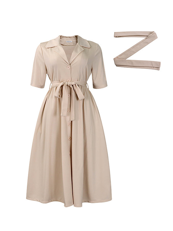 A-line Loose Pleated Pockets Color Tied Waist Notched Collar Midi Dresses