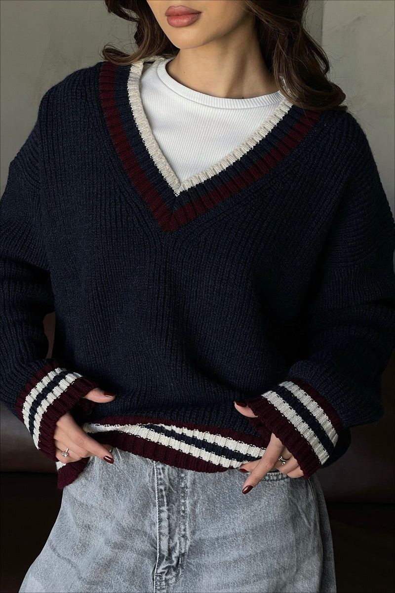 Striped Color Block V-neck Loose Knit Sweater