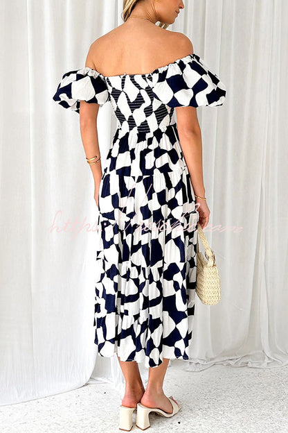Petal Princess Unique Print Smocked Waist Puff Sleeve Midi Dress