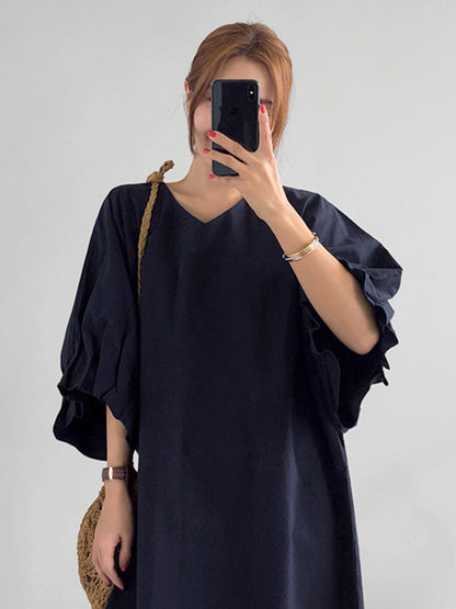 Causal Pleated Raglan Sleeve V-neck Midi Dress