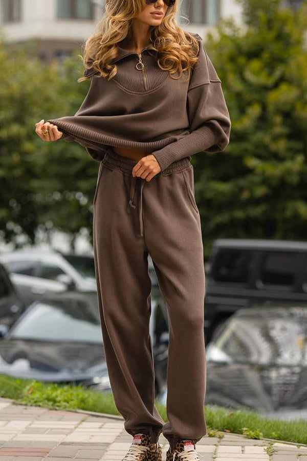 Color Long-sleeved Zip-up Sweatshirt and Elastic Waist Loose Pocket Pants Set