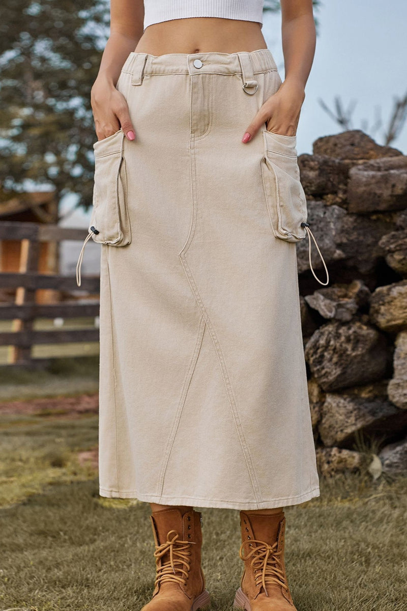 High-waist Denim Cargo Midi Skirt
