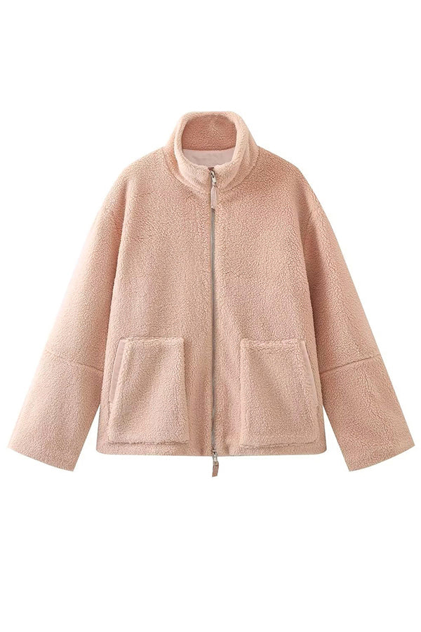 Color Stitching High Collar Long Sleeve Loose Pocket Woolen Coat