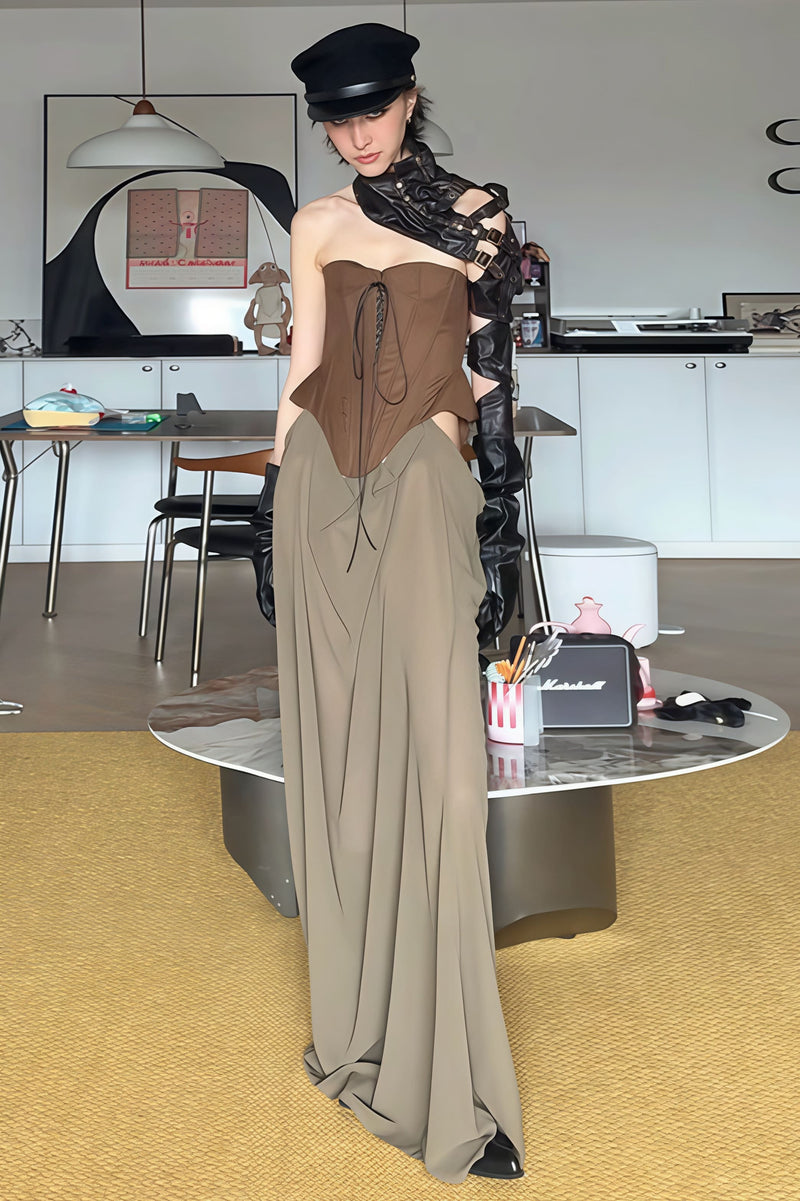 Tie Strapless High Waist Color Block Patchwork Maxi Dress