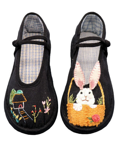 Black Embroidery Buckle Strap Splicing Flat Shoes for