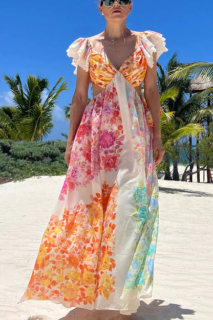 Blooming Beauty Multicolor Frill Cutout Back Tie-up Maxi Dress