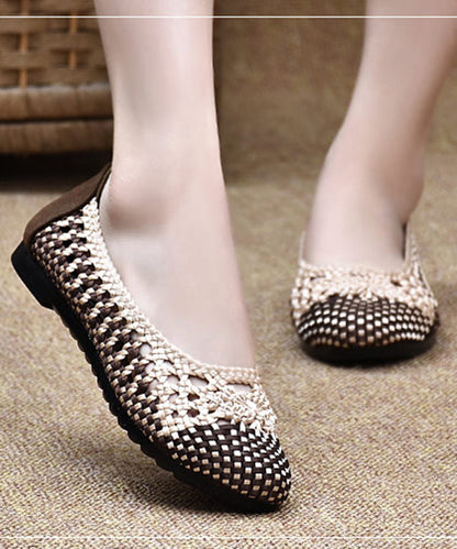 Handmade Pointed Toe Flat Shoes for Beige Chocolate Knit Fabric Flats