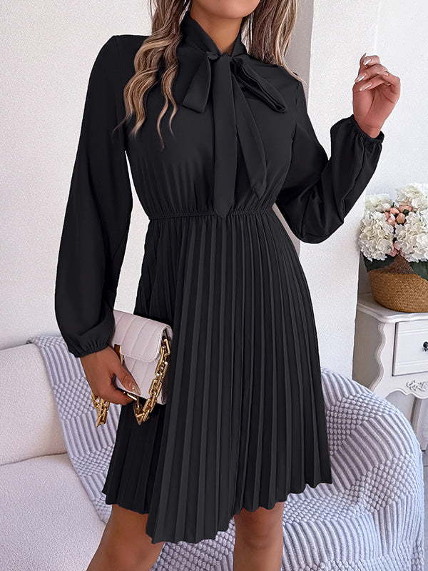 Long Sleeves Loose Pleated Color Tied Mock Neck Mini Dresses