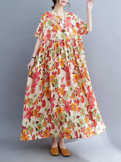 Loose Short Sleeves Pleated Printed Split-joint Round-neck Midi Dresses