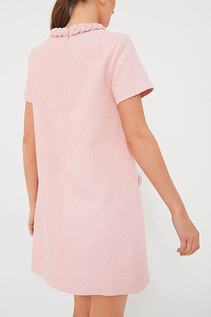 Confident and Tweed Fabric Braided Trim Button Shift Mini Dress