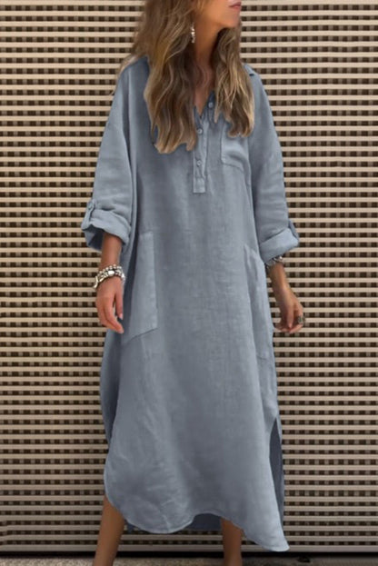 Color Button Pockets Irregular Hem Maxi Dress
