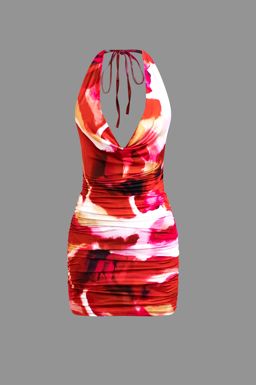 Crimson Tie Dye Halter V Neck Backless Mini Dress