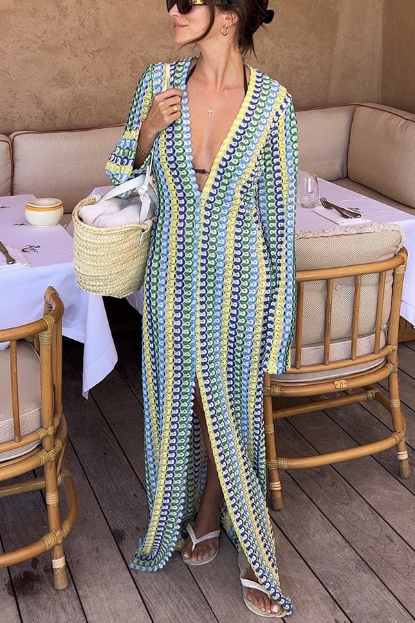 Cardigan Beach Knitted Colorful Wave Print Long Sleeved Vacation Dress