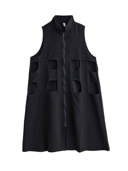 Loose Sleeveless Hollow Color Zipper Lapel Midi Dresses