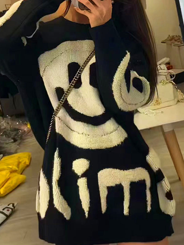 Color Y2k Smile Print Thicken Loose Sweater
