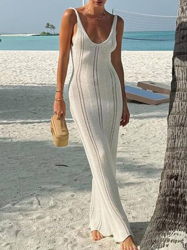 Skinny Sleeveless Backless Hollow See-through Color Split-joint Wide Straps Maxi Dresses