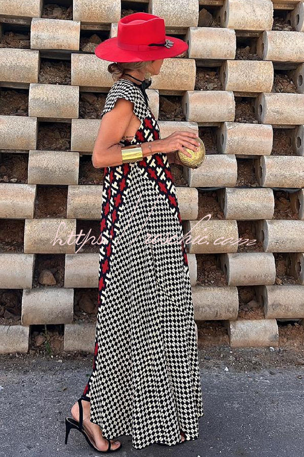 Fresh Breeze Unique Print Ruffle Sleeve A-line Maxi Dress