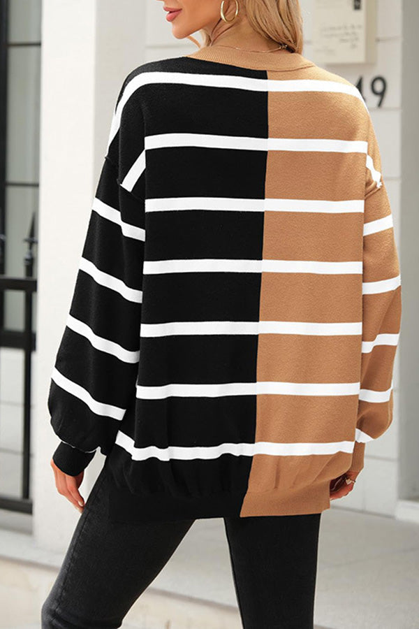 Striped Long-sleeved Sweater, Round Neck Pullover Fashionable Sweatshirt