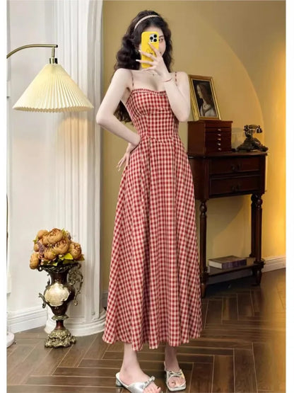 Plaid Midi Dress French Spaghetti Strap A-line Spring Summer Holiday Beach Style Prom Robe Vestidos Mujer
