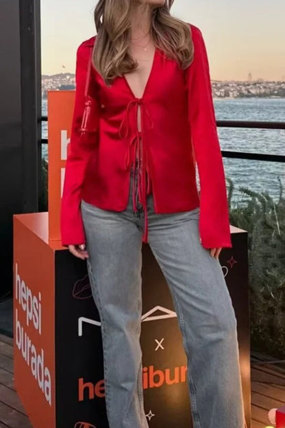 V-neck Tie-front Blouse