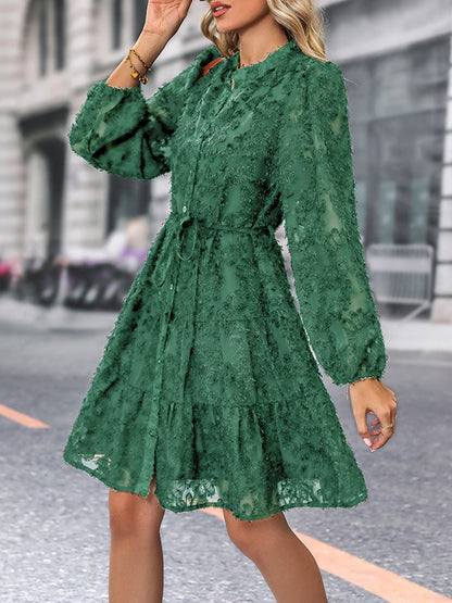 A-line Long Sleeves Buttoned Elasticity Jacquard Pleated Color Tied Waist Stand Collar Mini Dresses