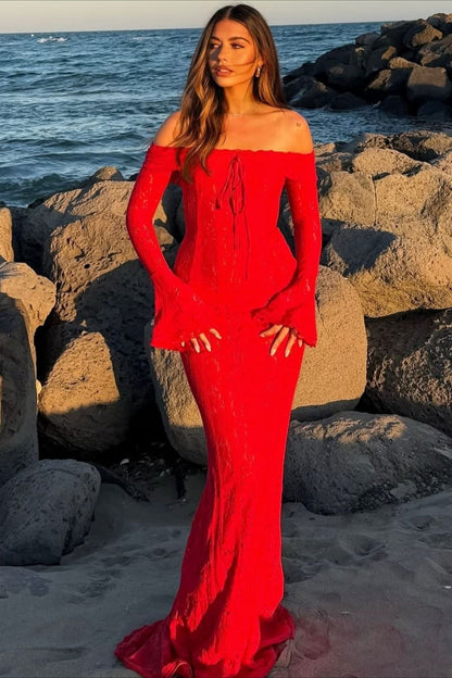 Off Shoulder Lace Flare Sleeve Fitted Train Maxi Dress