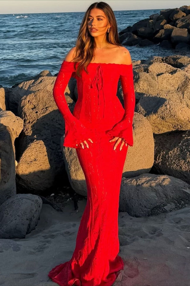 Off Shoulder Lace Flare Sleeve Fitted Train Maxi Dress