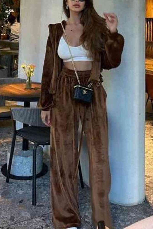 Velvet Zip-up Hooded Top and Elastic Waist Wide Leg Pants Set
