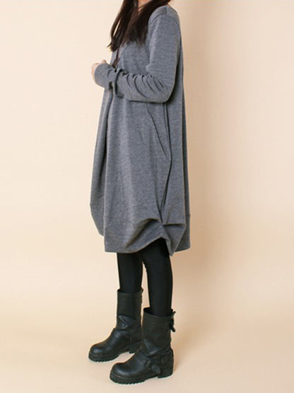 A-line Long Sleeves Pleated Color Round-neck Dresses Maxi Dresses