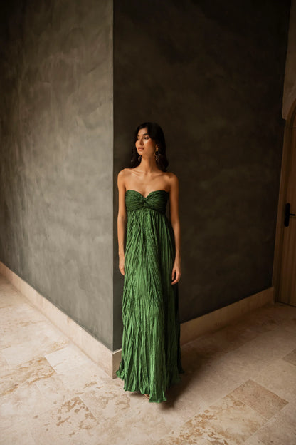 Strapless Pleated Maxi Dress – Emerald Green