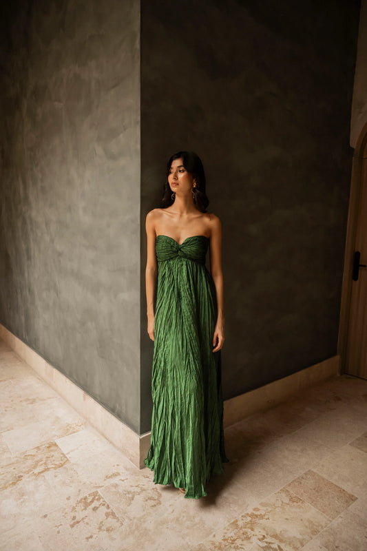 Strapless Pleated Maxi Dress – Emerald Green