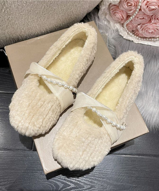 French Apricot Fuzzy Fur Splicing Flat Shoes for