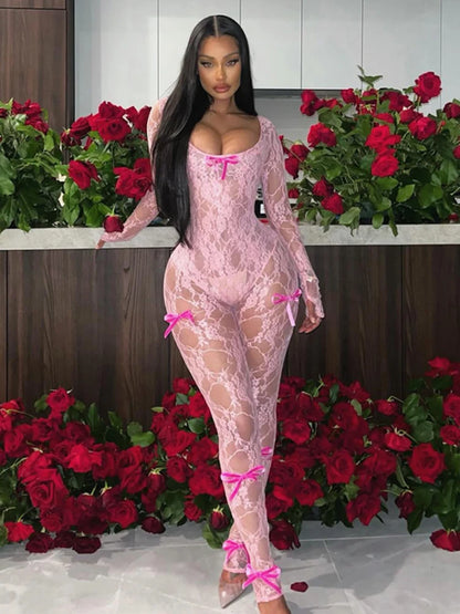 See Through Mesh Jumpsuit Bow Splice Long Sleeve Bodycon One Piece Hot Girl Party Club Overalls for Woman