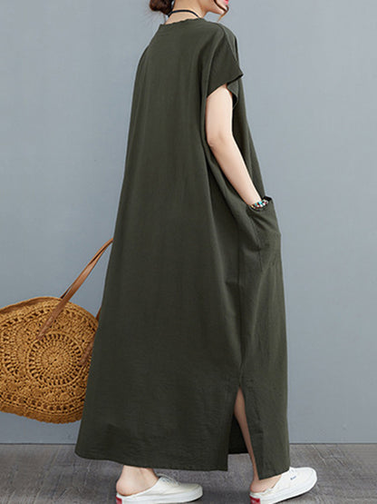 Simple Ramie Cotton Color Split-side With Pocket V-neck Short Sleeves Maxi Dress