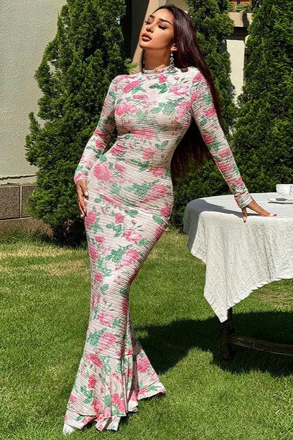Print Long Sleeve Bodycon Maxi Dress