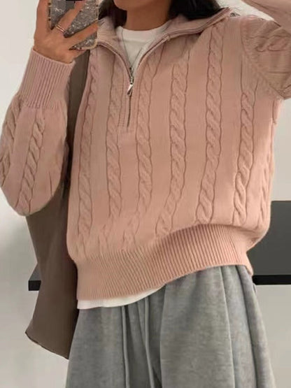 Color Lapel Neck Cable Half Zip Knit Sweater