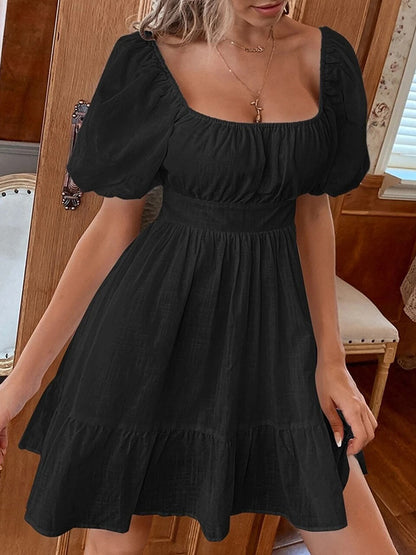 High Waisted Loose Backless Bowknot Elasticity Pleated Color Split-joint Square-neck Mini Dresses