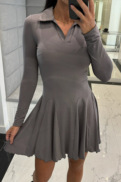Color Lapel Long Sleeve Slim Fit Waist Mini Dress