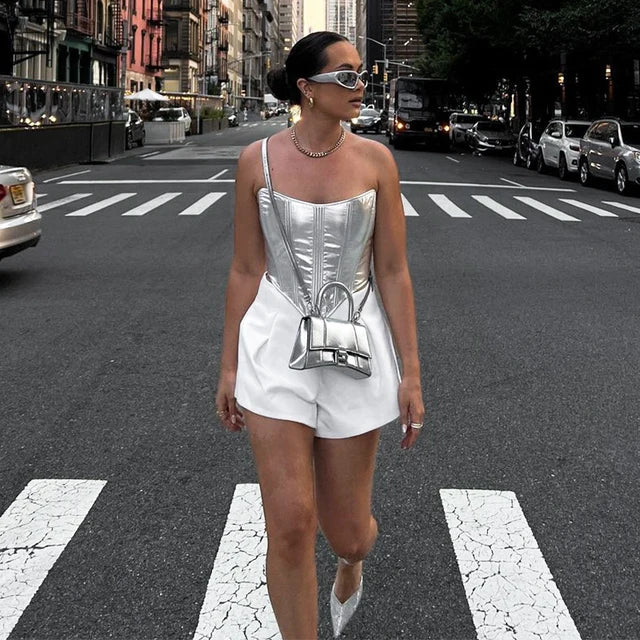 ’s Metallic Vest Top Slim Undercoat Corset Bottoming Shirt Waist Bandage Hot Spring