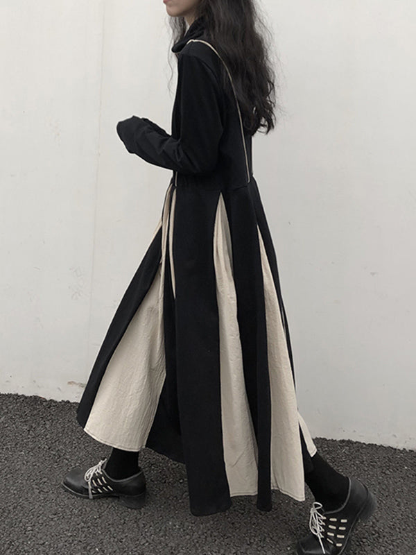 Original Contrast Color Split-joint High-neck Midi Dress