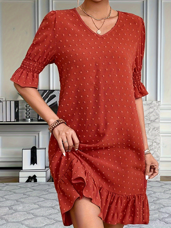 A-line Flared Sleeves Elasticity Jacquard Pleated Color Split-joint V-neck Mini Dresses