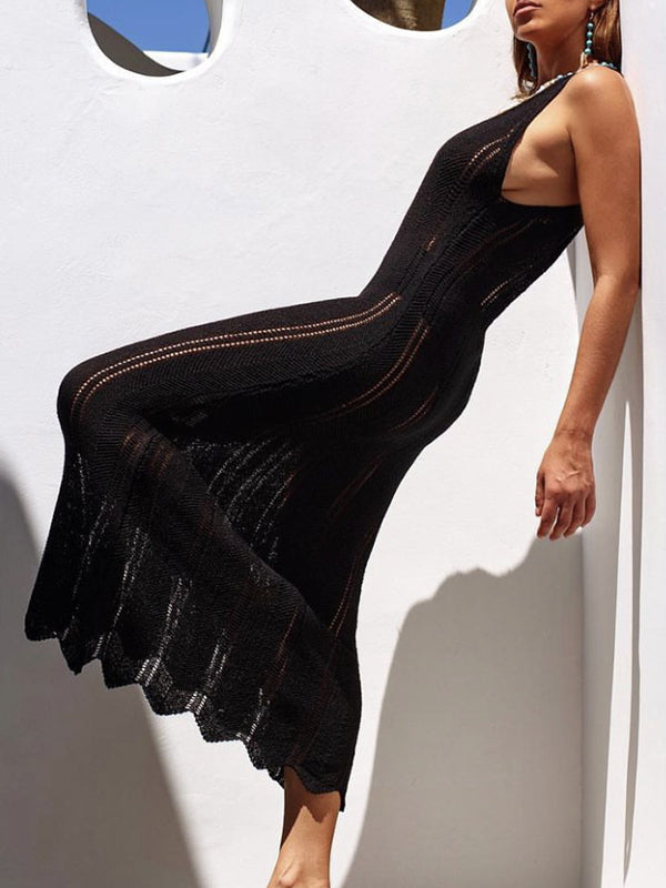 Skinny Sleeveless Backless Hollow See-through Color Split-joint Wide Straps Maxi Dresses